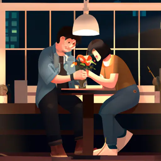 An image of two people seated at a candlelit table in a cozy cafe, one leaning in for a tender goodbye hug while the other holds a small bouquet of flowers, capturing the perfect moment of a first date's conclusion