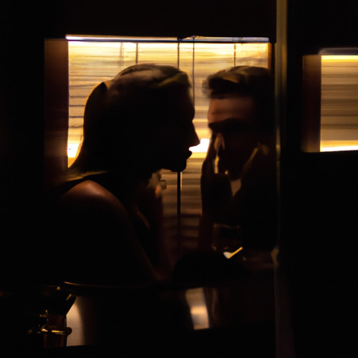 An image showcasing a couple in a dimly lit restaurant, whispering intimately while discreetly checking their surroundings