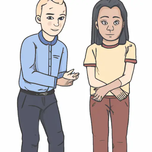 An image depicting two individuals engaged in a conversation, one displaying subtle signs of discomfort (avoiding eye contact, crossed arms), while the other shows signs of deception (nervous gestures, sweating)