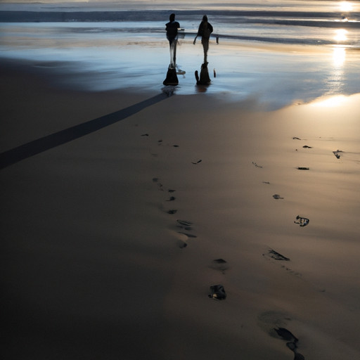 An image of a serene beach at sunset, with two silhouettes walking hand-in-hand, casting long shadows on the sand