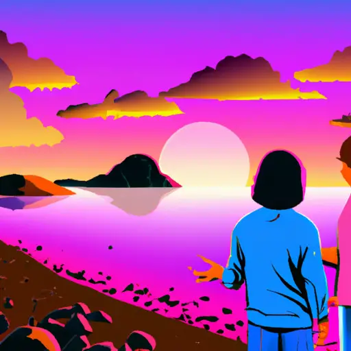 An image showcasing a serene beach at sunset, where a Gemini man is seen talking openly with his partner, emphasizing non-verbal communication through expressive gestures and attentive listening