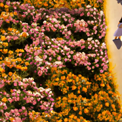 An image capturing a serene garden, abundant with vibrant flowers and lush greenery, as the backdrop