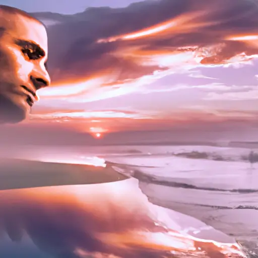 An image showcasing a serene beach at sunset, with a Gemini man standing at the water's edge, looking pensive