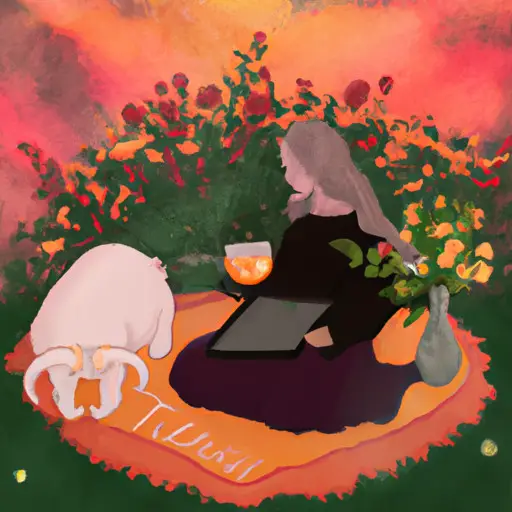 An image depicting a cozy outdoor scene at dusk, with a Taurus woman sitting comfortably on a plush, earth-toned cushion, surrounded by blooming flowers, holding a book on astrology, and sipping herbal tea