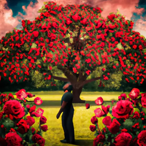 An image depicting a serene garden with vibrant red roses in full bloom, while a silhouette of a confident man stands under a towering oak tree, capturing the essence of maintaining a powerful presence in a Taurus woman's thoughts