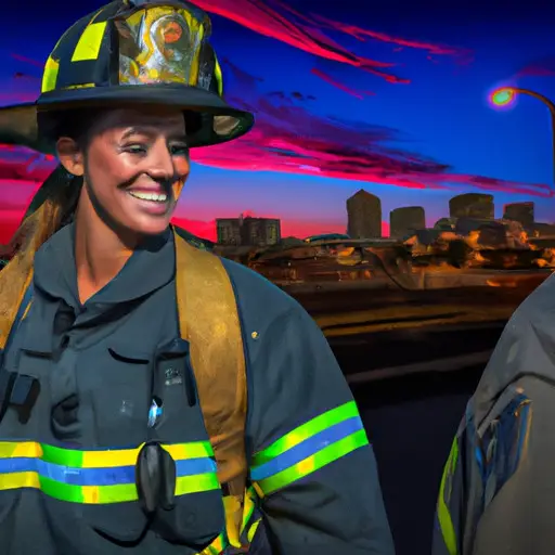 An image showcasing a vibrant cityscape at dusk, where a confident individual with a captivating smile is seen engaging in a lighthearted conversation with a firefighter, their uniforms subtly signaling their professions
