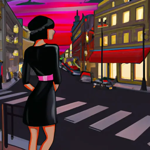 An image showcasing a vibrant cityscape at dusk, where a confident woman in a stylish outfit walks along a bustling street lined with trendy cafes, creating an atmosphere of possibility and opportunity for meeting new men after divorce