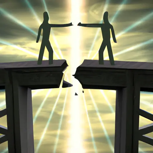 An image depicting two people standing on opposite ends of a broken bridge, gesturing towards each other with open arms
