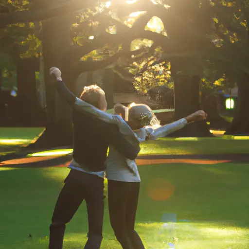 An image capturing the playful essence of embracing movement by showing a couple, same height, intertwining their arms while gracefully twirling through a sunlit park, radiating pure joy and love