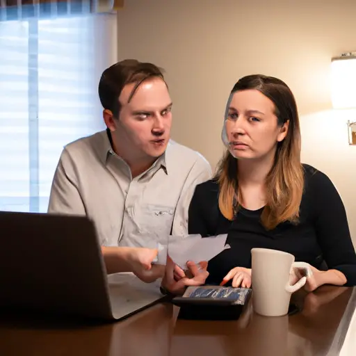 An image of a young couple sitting at a table, surrounded by bills, receipts, and a laptop