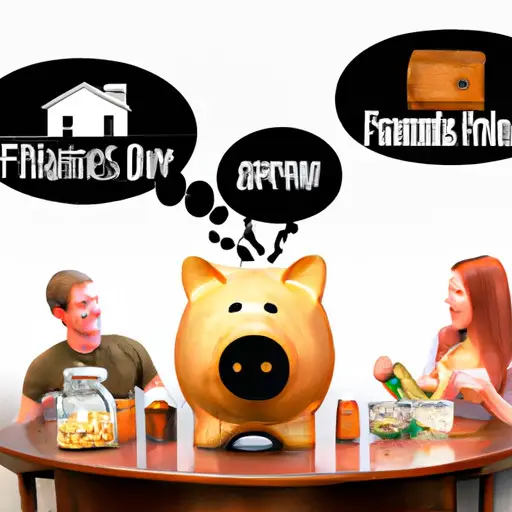 An image showcasing a young couple sitting at a cozy dining table, surrounded by piggy banks, a savings jar, and a vision board filled with inspiring pictures of their desired savings goals