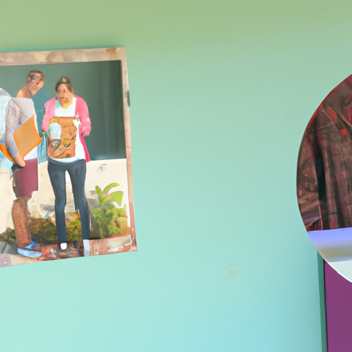 An image of a young couple standing in front of a colorful bulletin board covered in photos of budget-friendly activities like hiking, cooking at home, and secondhand shopping, inspiring others to save money together