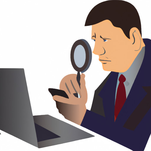 An image depicting a concerned person holding their iPhone, while a professional investigator, wearing a suit and holding a magnifying glass, discreetly observes the screen from behind a laptop