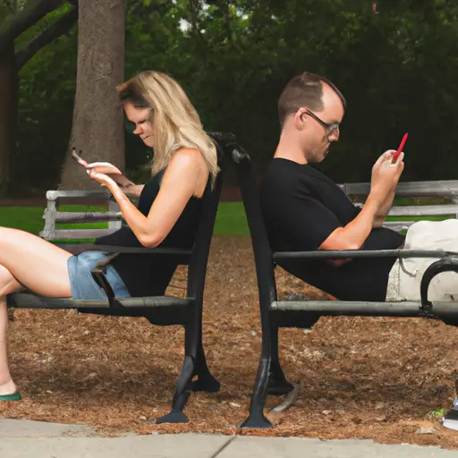 An image with a couple sitting on a park bench, facing each other with their phones set aside