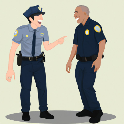 An image showcasing a police officer's engaging smile and relaxed posture while talking to a civilian, displaying genuine interest