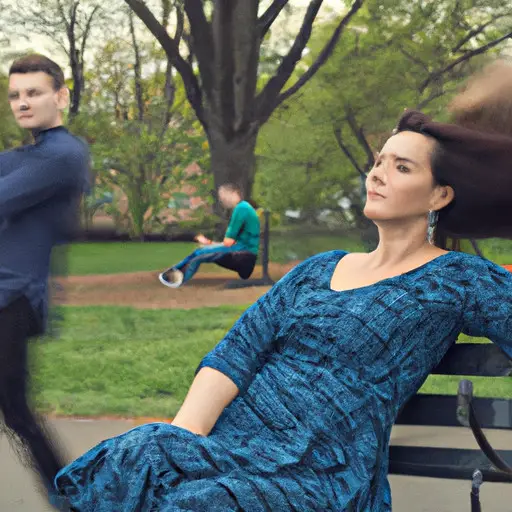 An image that captures the essence of handling jealousy and insecurity: a couple sitting on a park bench, the wife looking serene and confident while her husband playfully twirls her hair, unaware of the envious glances from passersby