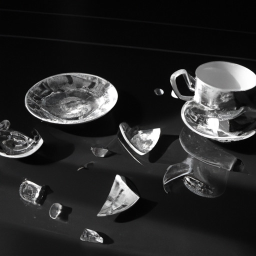 An image capturing the weight of regret: a shattered teacup lies broken on the floor, its delicate pieces scattered, mirroring the irreversible decision that shattered a marriage