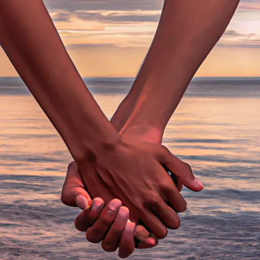 An image that captures the essence of rebuilding trust and healing after infidelity: A couple standing on a serene beach at sunset, their intertwined hands symbolizing their commitment to mend a fractured relationship