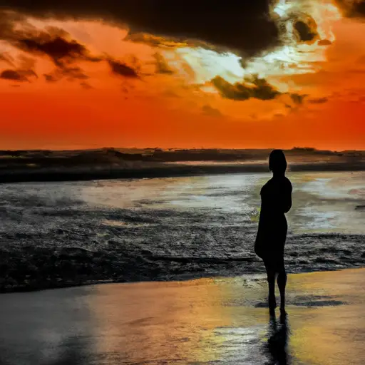  Create an image depicting a solitary figure standing on a desolate beach at sunset, their face obscured by shadows, while waves crash against the shore, reflecting the turmoil within their heart