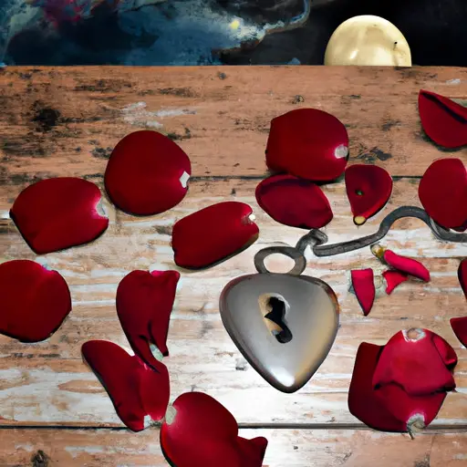Depict a heart-shaped locket, shattered on a wooden table, surrounded by a trail of rose petals leading towards an open window revealing a moonlit night