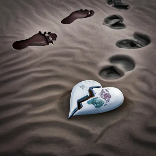 An image showcasing a shattered porcelain heart lying on a desolate beach, surrounded by fading footprints, symbolizing the emotional aftermath of letting go of the love of your dreams