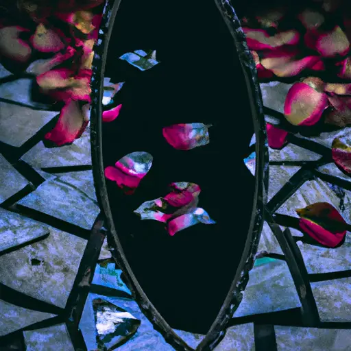 An image of a broken vintage mirror lying shattered on the floor, with delicate rose petals scattered around it