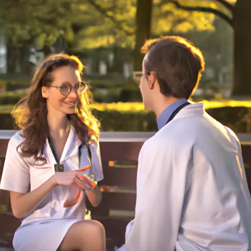 An image of a young woman sitting on a park bench, engrossed in conversation with a charming, white-coated doctor