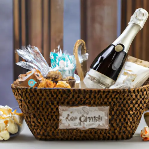 An image showcasing a beautifully arranged welcome bag filled with delectable treats: gourmet chocolates, artisanal cookies, savory popcorn, and miniature champagne bottles, all nestled in a rustic wicker basket