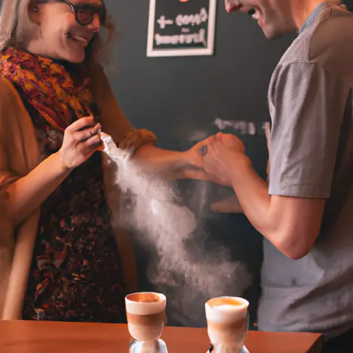 An image featuring a cozy coffee shop with two cups of steaming latte on a table, where a young woman with a captivating smile serendipitously spills her drink on a man's shirt, igniting a charming encounter