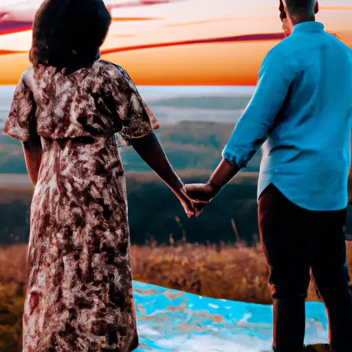 An image capturing a diverse couple standing on a hilltop, embracing and smiling, with a picturesque sunset backdrop