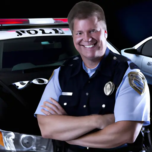 An image showcasing a smiling police officer in crisp uniform, standing confidently beside a patrol car