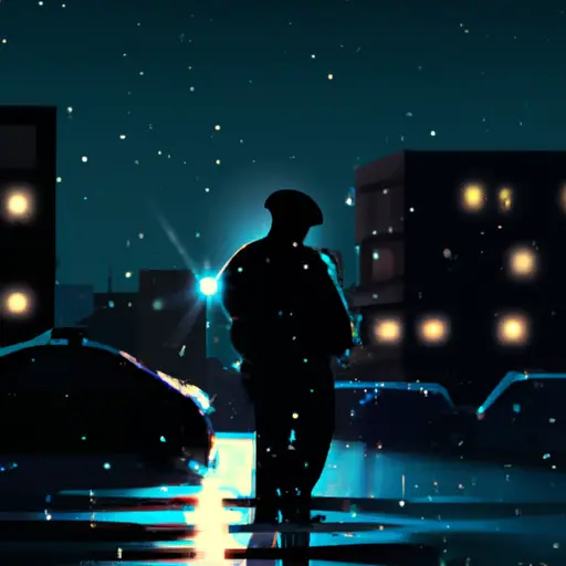 An image depicting a police officer's silhouette against a vibrant cityscape at night, highlighting the sacrifices and challenges through rain-soaked streets, dimly lit alleys, and a solitary figure standing resolute amidst adversity