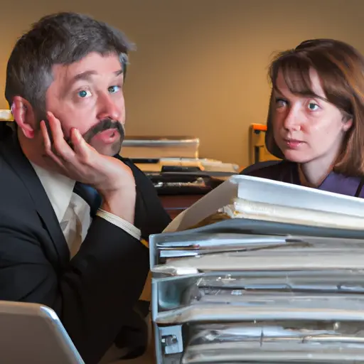 An image showcasing two professionals, one with a worried expression and the other with a concerned look, engaged in a secret rendezvous behind a stack of confidential files in an office setting