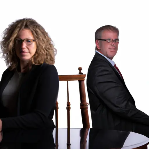 An image of two individuals sitting at opposite ends of a conference table, each with a determined expression