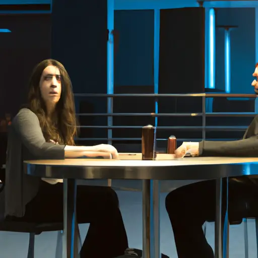 An image featuring two individuals sitting at opposite ends of a long conference table in a dimly lit office