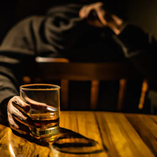 An image capturing a dimly lit room with a solitary figure seated at a wooden table, a half-empty glass of whiskey in hand