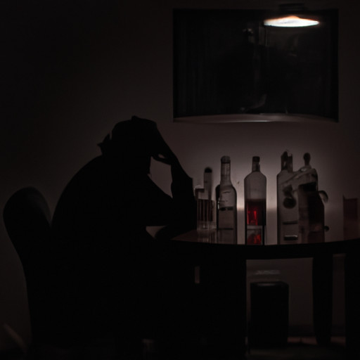 An image portraying a dimly lit room with a solitary person sitting at a cluttered table, surrounded by empty bottles and a half-filled glass, reflecting the somber atmosphere and potential implications of drinking alone