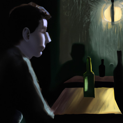 An image of a dimly lit room, with a solitary figure sitting at a table, surrounded by empty glasses and a half-empty bottle of alcohol