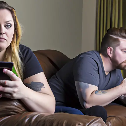 An image showcasing a couple sitting together on a couch, one partner engrossed in their phone while the other looks on with a mix of concern and curiosity