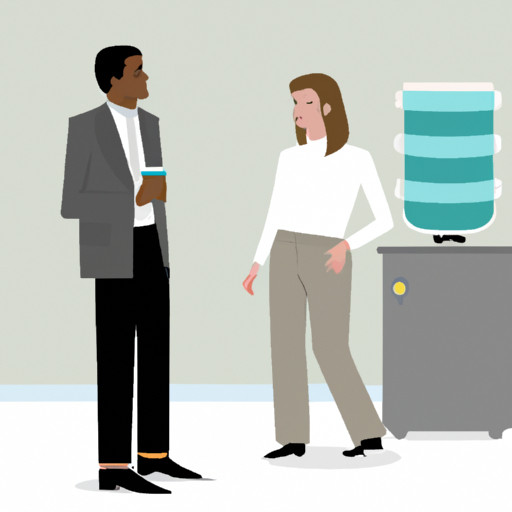 An image depicting an office setting, with two individuals engaged in a discreet conversation near a water cooler