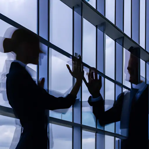 An image capturing the blurred silhouettes of two individuals in professional attire, standing in front of an office building's glass windows, their intertwined hands suggesting a forbidden connection
