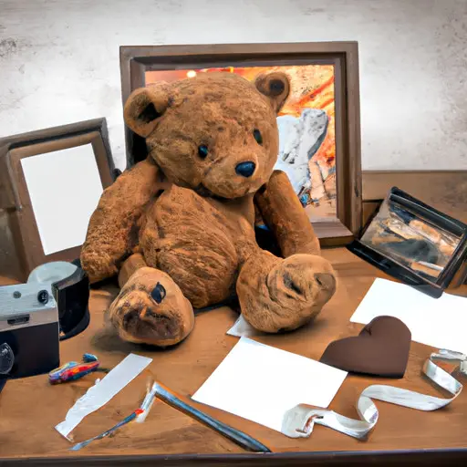 An image of a cluttered desk with a framed picture of an ex-lover placed beside a worn-out teddy bear, symbolizing personal attachment
