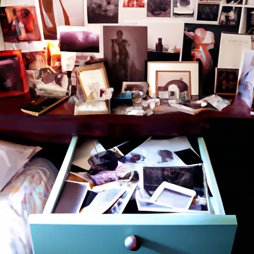 An image capturing a cluttered bedroom with an open drawer revealing a hidden stash of meticulously arranged photographs - a bittersweet reminder of past love, evoking nostalgia and conflicting emotions