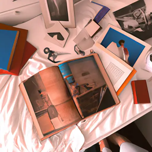 An image of a cluttered bedroom, with a dusty photo album prominently placed on a nightstand