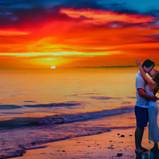 An image showcasing a couple embracing each other affectionately, surrounded by a vibrant sunset at a beach