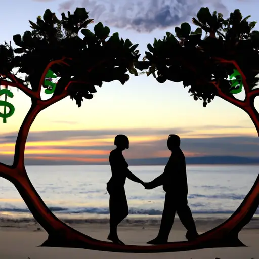 An image showcasing a couple holding hands on a serene beach at sunset, their silhouettes framed by a money tree in the background, symbolizing the debate on whether love or wealth brings greater happiness and security