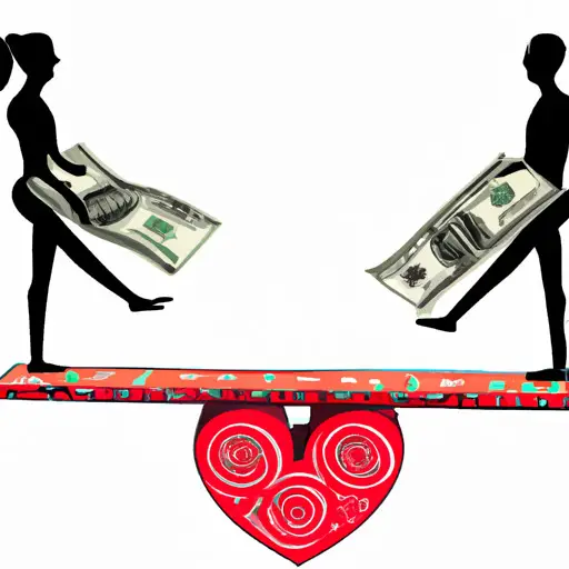 An image that depicts a couple holding hands, standing on a seesaw made of intertwined hearts and dollar bills