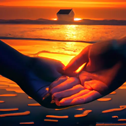 An image of a couple holding hands on a serene beach at sunset, with a small, humble house in the background