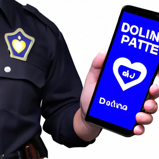 An image that showcases a police officer holding a smartphone with a dating app icon specifically designed for law enforcement professionals, symbolizing the unique dating options available to police officers in the digital age