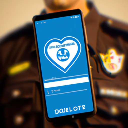 An image showcasing a police officer in uniform, holding a smartphone with a dating app interface displayed, featuring a heart-shaped logo with a police badge merged into it